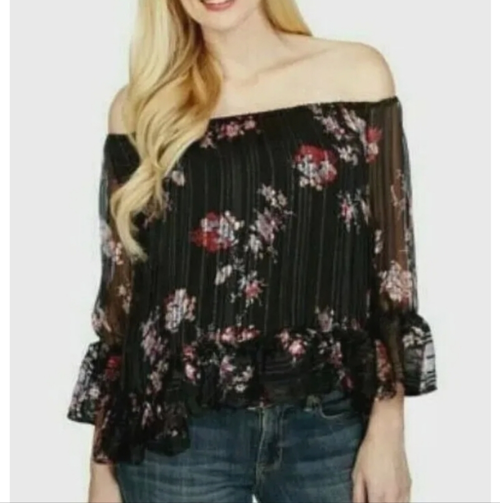 Lucky brand off shoulder Metallic Thread Floral Blouse- large